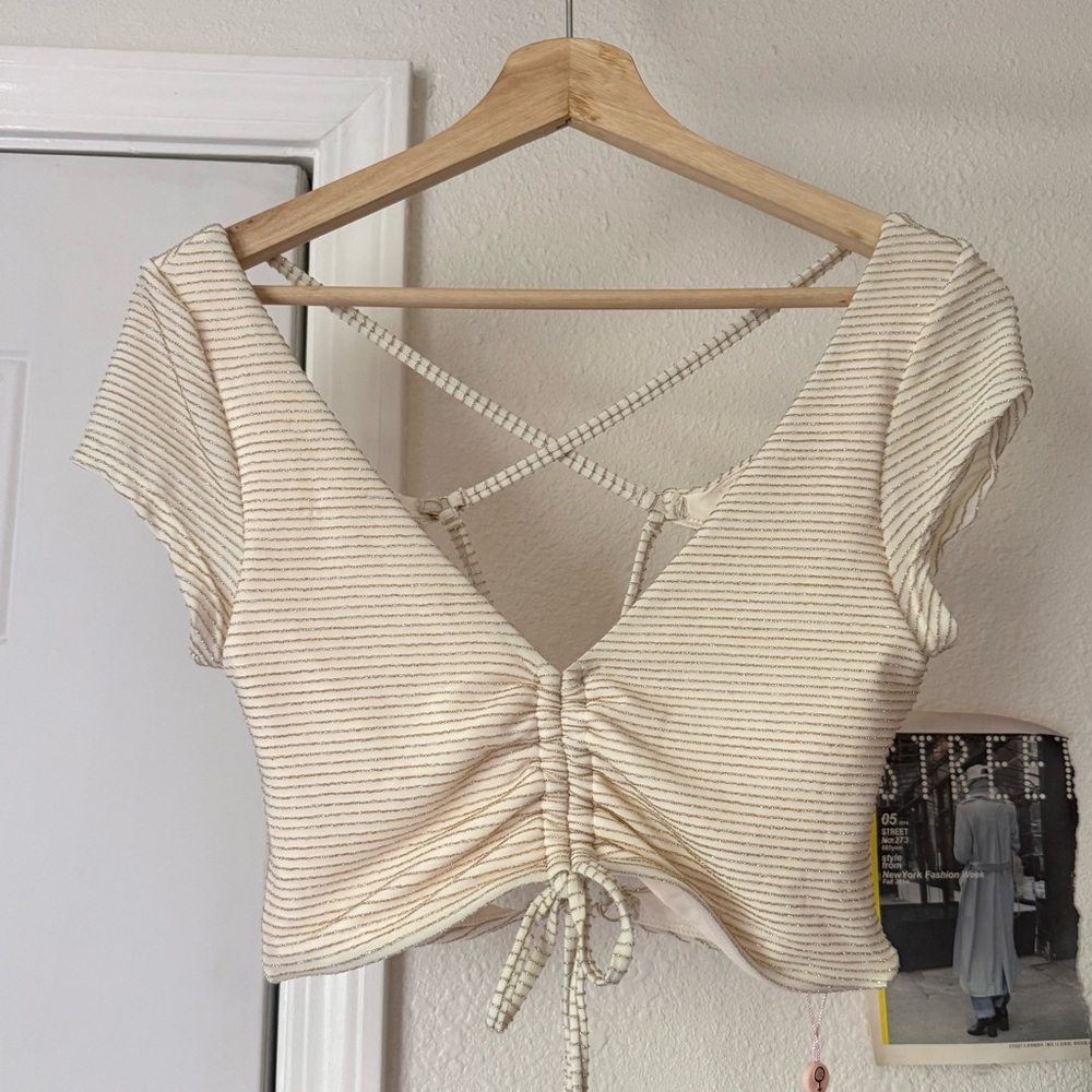 NWT‎ P2F Gold cream metallic striped lace up cropped swim top